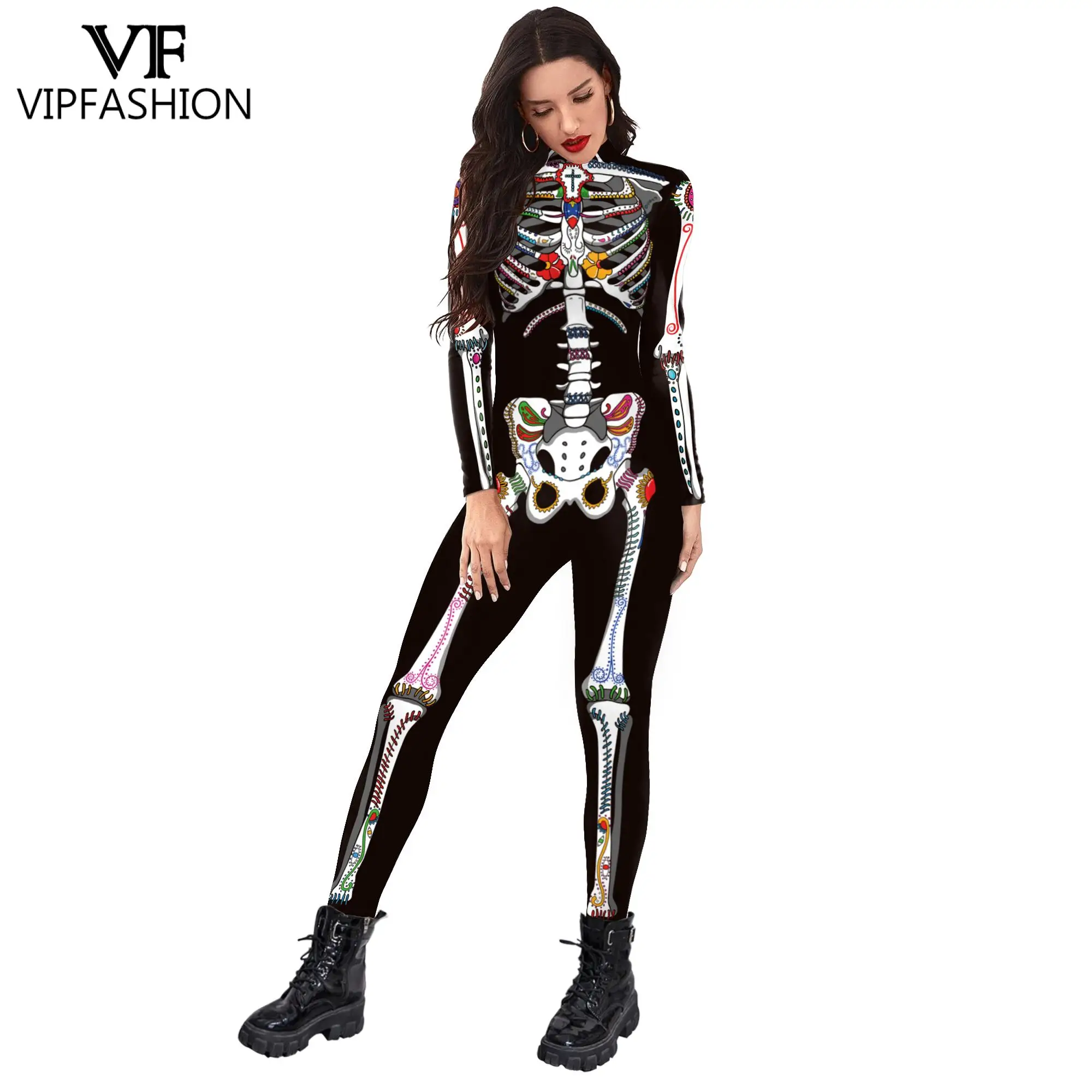 VIP FASHION Halloween Cosplay Costumes For Women Scary Skeleton Print Carnival Catsuit Zentai Bodysuit Fancy Jumpsuits