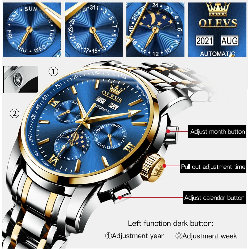 OLEVS-relojes automáticos para hombre, reloj de pulsera mecánico Original, resistente al agua, fase lunar, calendario, moda de lujo