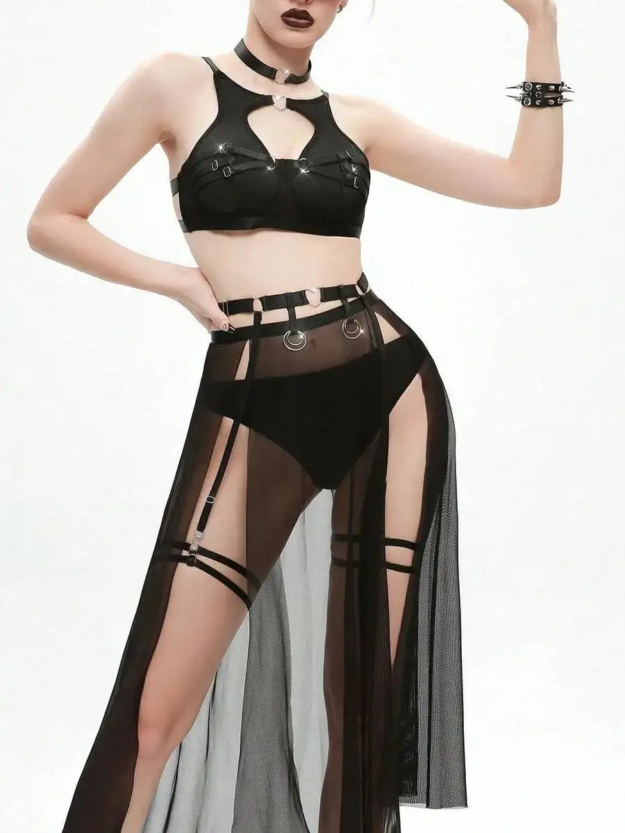 Black Bondage Style Lingerie With Halter Top Mesh Maxi Skirt Straps O Rings Choker And Buckle Clubwear For Women Sexy Skirt 29WR