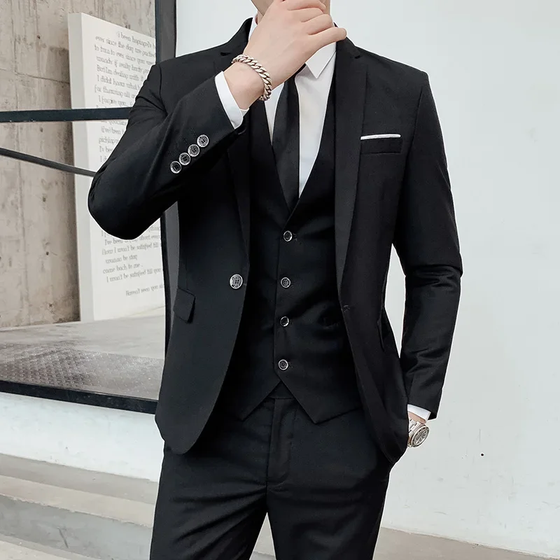 High-quality Men's Solid Color Suit (suit + Vest + Trousers) The New Fashion and Handsome Banquet Smart Casual 3 2 Piece Set