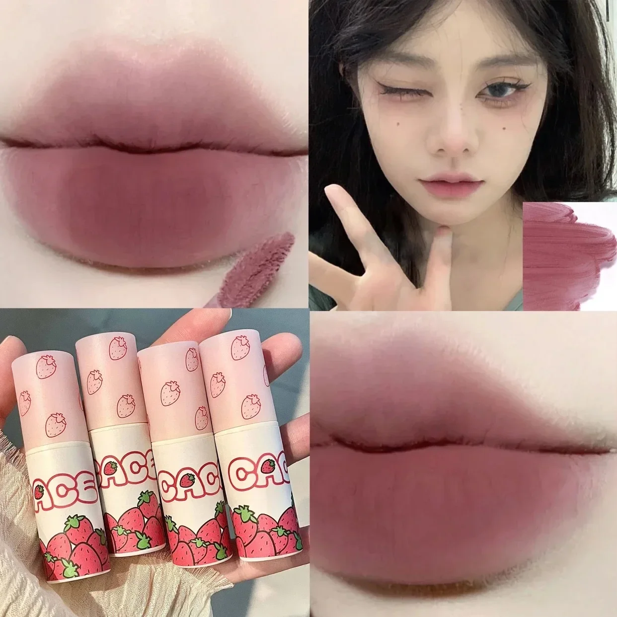 Mooie Aardbei Matte Fluwelen Lipgloss Nude Roze Rode Lip Modder Non-Stick Cup Blijvende Lippen Tint Lippenstift Koreaanse Make-Up Cosmetica