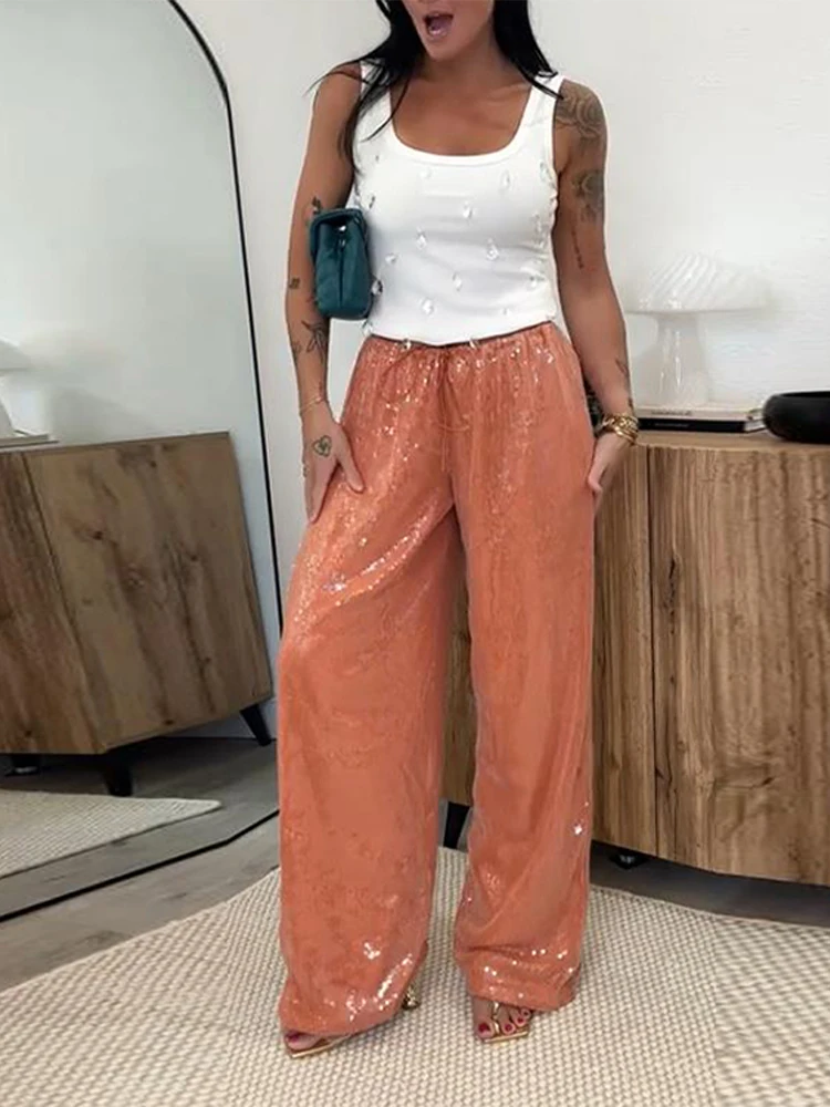 Street Women's Sequin Lace Up Pants Elastic Low Waist Wide Leg Female Trousers 2026 Spring Summer Lady Shiny Party Chic Pants