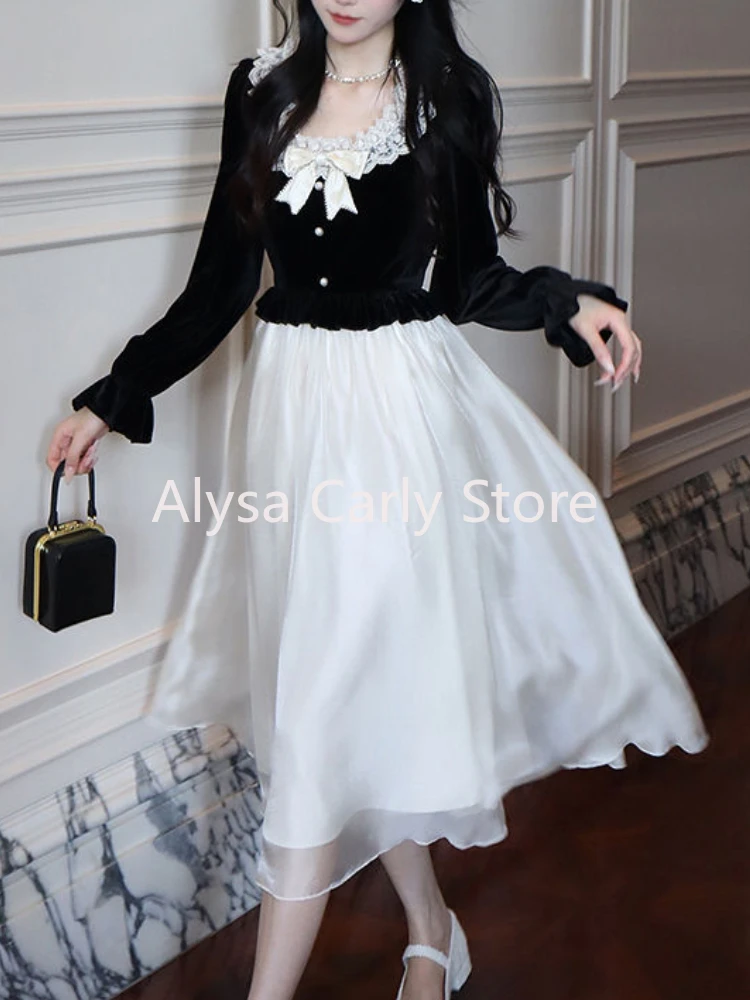 

2023 Winter Elegant Midi Dress Women Slim Long Sleeve O-Neck Lace Bow Velvet Dress Vintage Casual Office Lady Party Sweet Dress