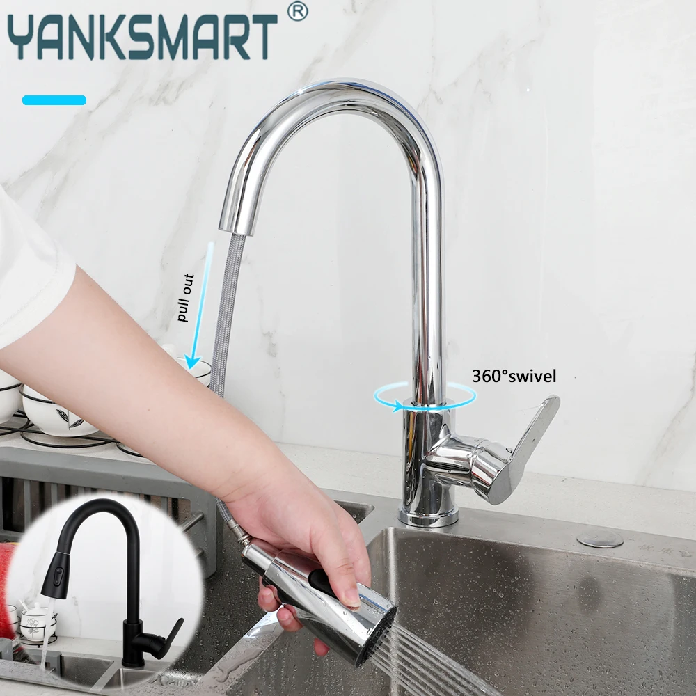 

YANKSMART Kitchen Faucet Pull Down Sprayer Spout 1 Handle Mixer Tap 360 Rotation Crane Deck Mounted Hot and Cold Sink Faucets