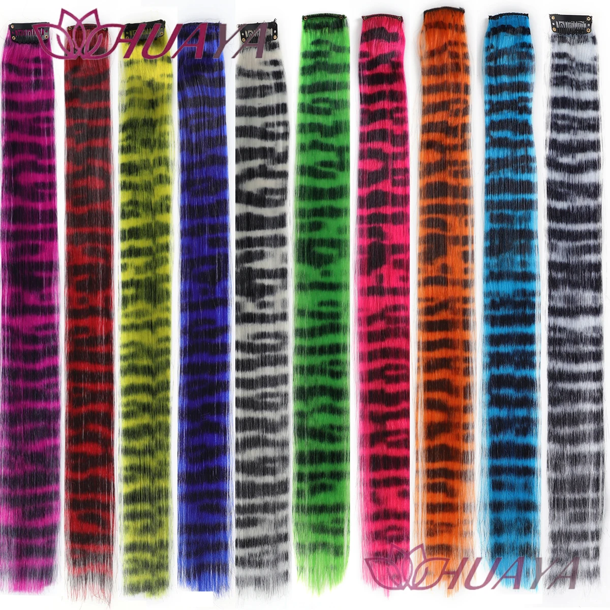 Synthetic Clip in Hair Extension Colorful Fake Hair Clip In One Piece Hairpiece For Women Y2K Colorful Hair Extensions Leopard