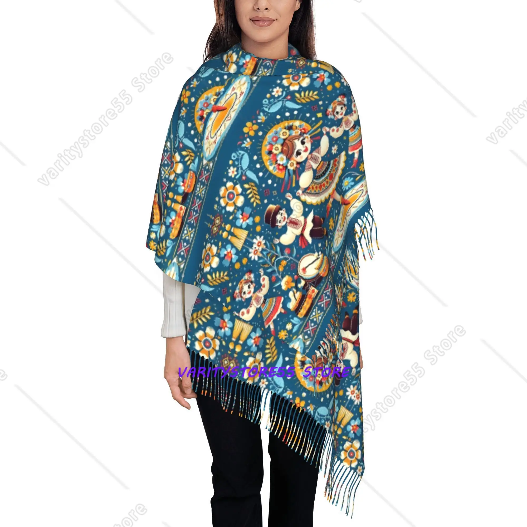 Ukrainian Dance Tassel Scarf  Retro Ukrainian Cultural Print Windproof Warm Durable Polyester Winter Neck Suitable for Hiking
