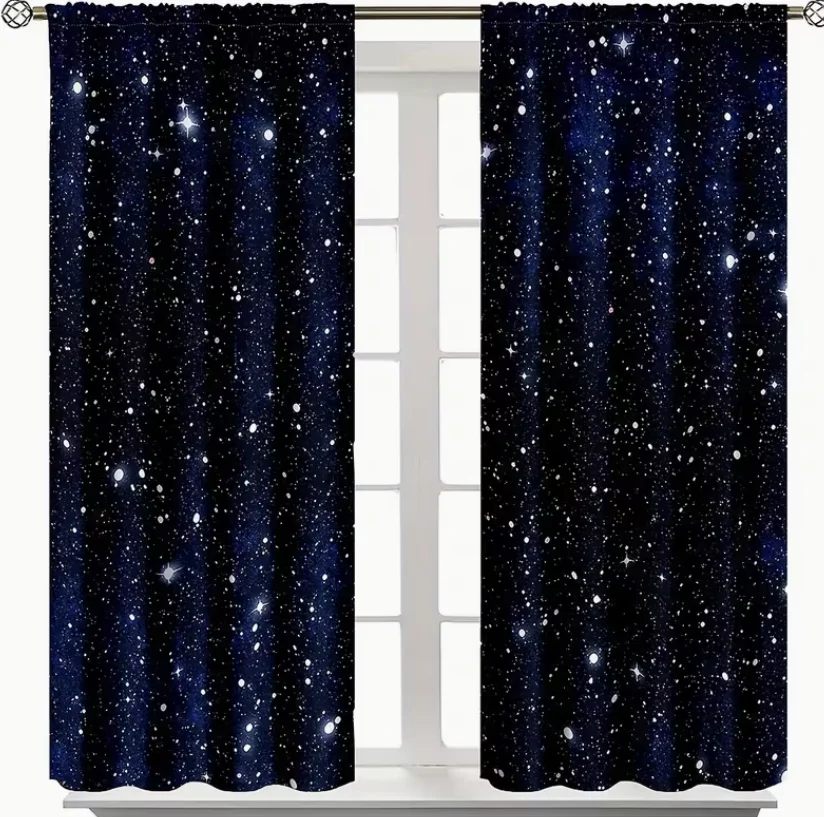2pcs Galaxy Shining Stars Half Sheer Fabric Curtains Rod Pocket Outer Space Bedroom Decor Nebula Art Printed Living Room Window