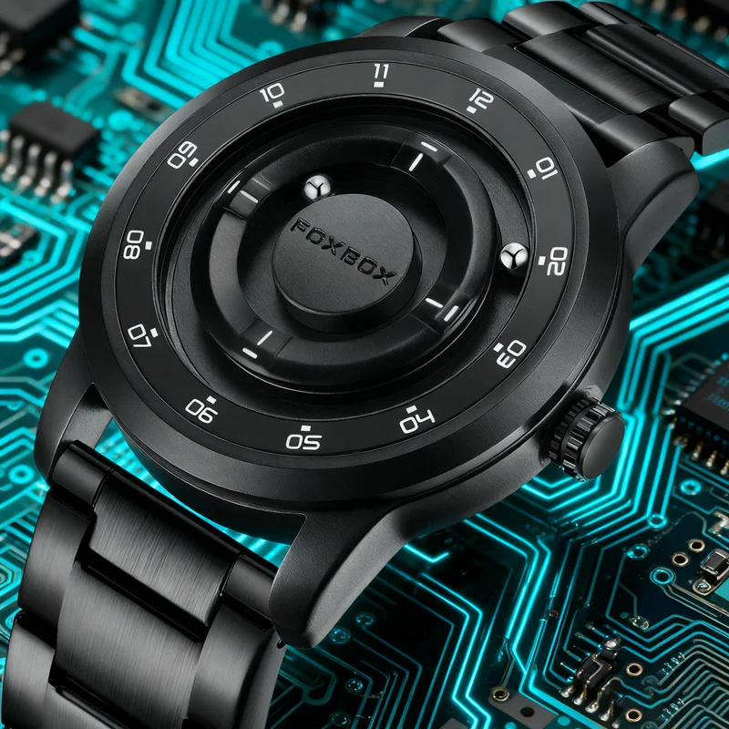 Foxbox relógios masculinos personalizados, criativo, simples, flutuante, ponteiro magnético, relógio de pulso de quartzo, aço, à prova d'água