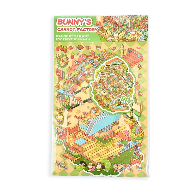 Large size handcrafted Easter Bunny Carrot Chocolate Factory miniaturized scene stickers