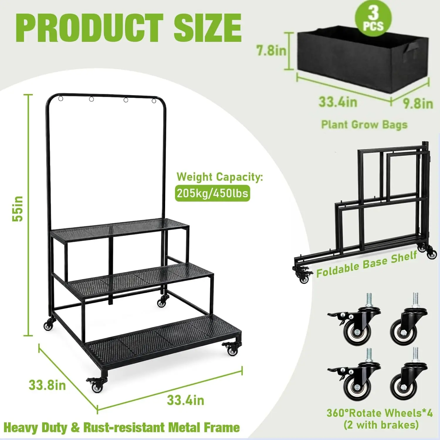 Vertical Garden Bed Mobile Raised Planter Stand Folding Plant Container With Wheels Fabric Grow Bags Metal Frame For Herb Vegetables Flowers Backyard Patio Deck Indoor Outdoor Use Black view 3