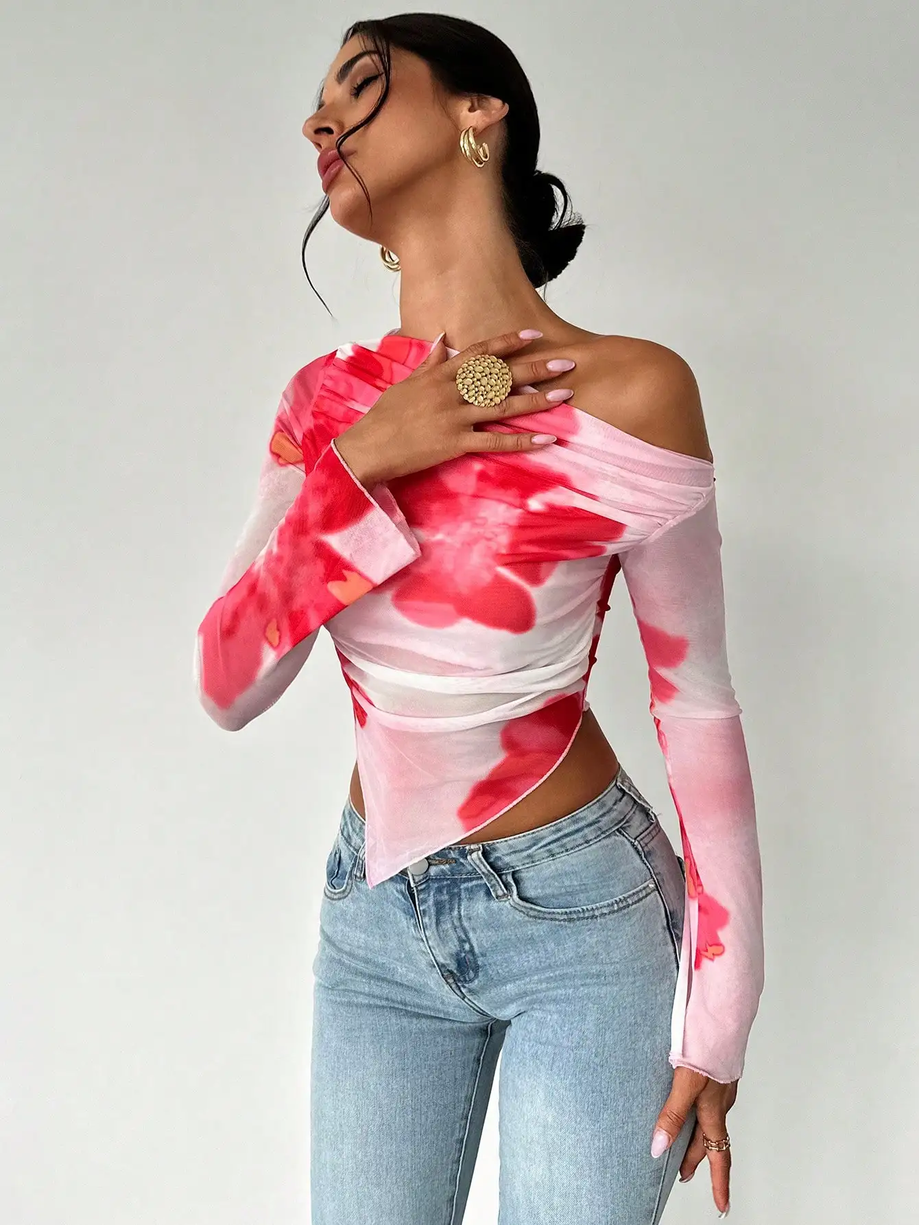 Sweet Spice Personality Style Mesh Print Diagonal Shoulder Long Sleeve Top Irregular Off-the-shoulder Short Top for Women image 3