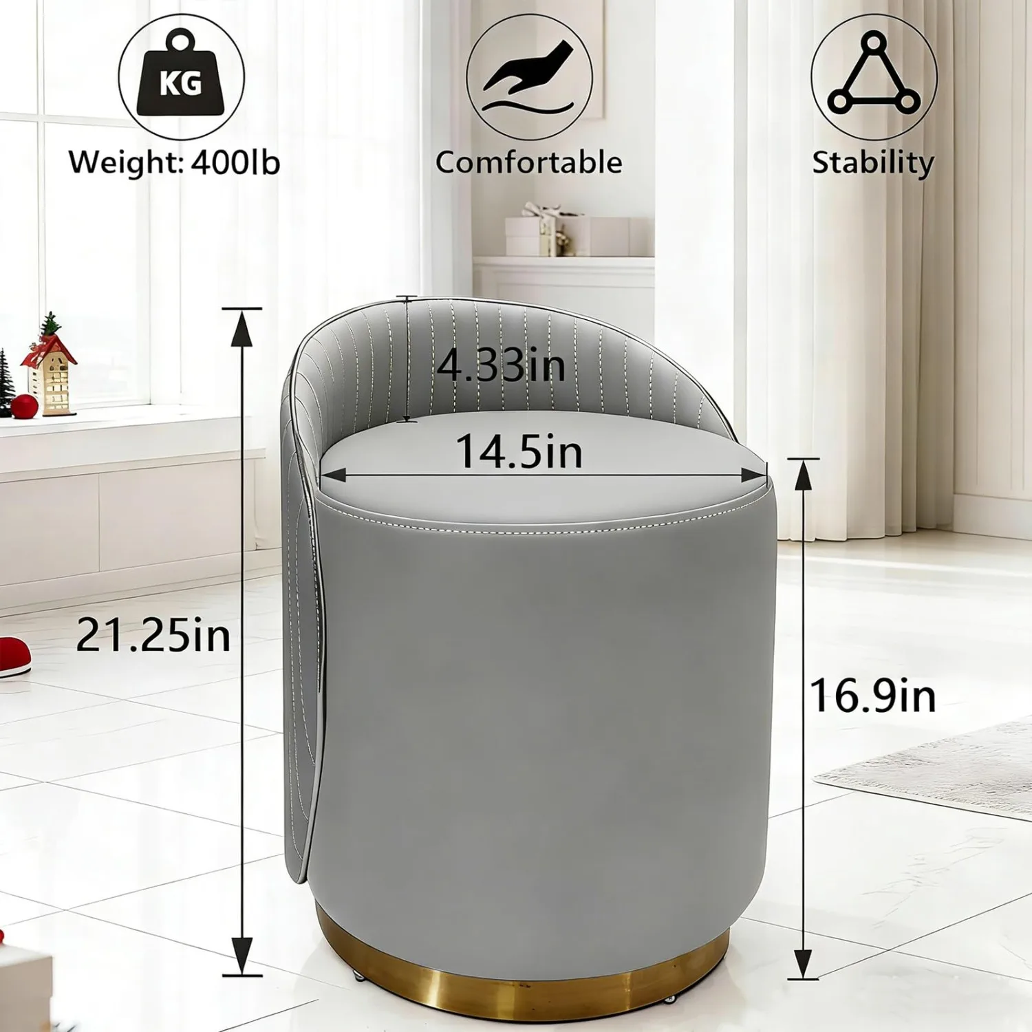 Makeup Stool, 360° Swivel Makeup Vanity Stool with Back, No Assembly Vanity Bench Seat, Swivel Barrel Chairs for