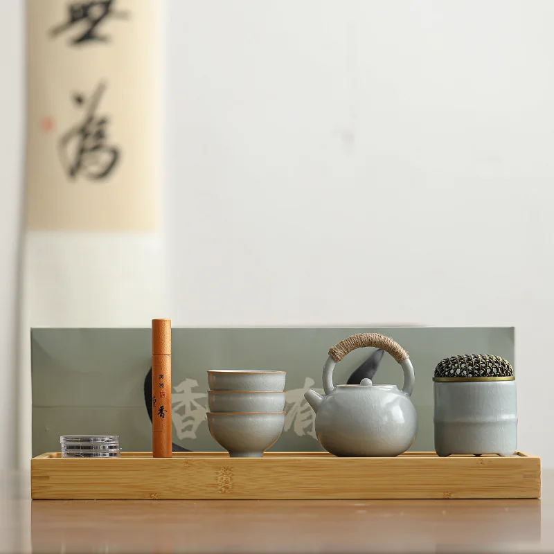 Cultural and Creative Chinese Style Business Gifts, High end Ruyao Tea Set for Customer Leaders and Elderly Companions