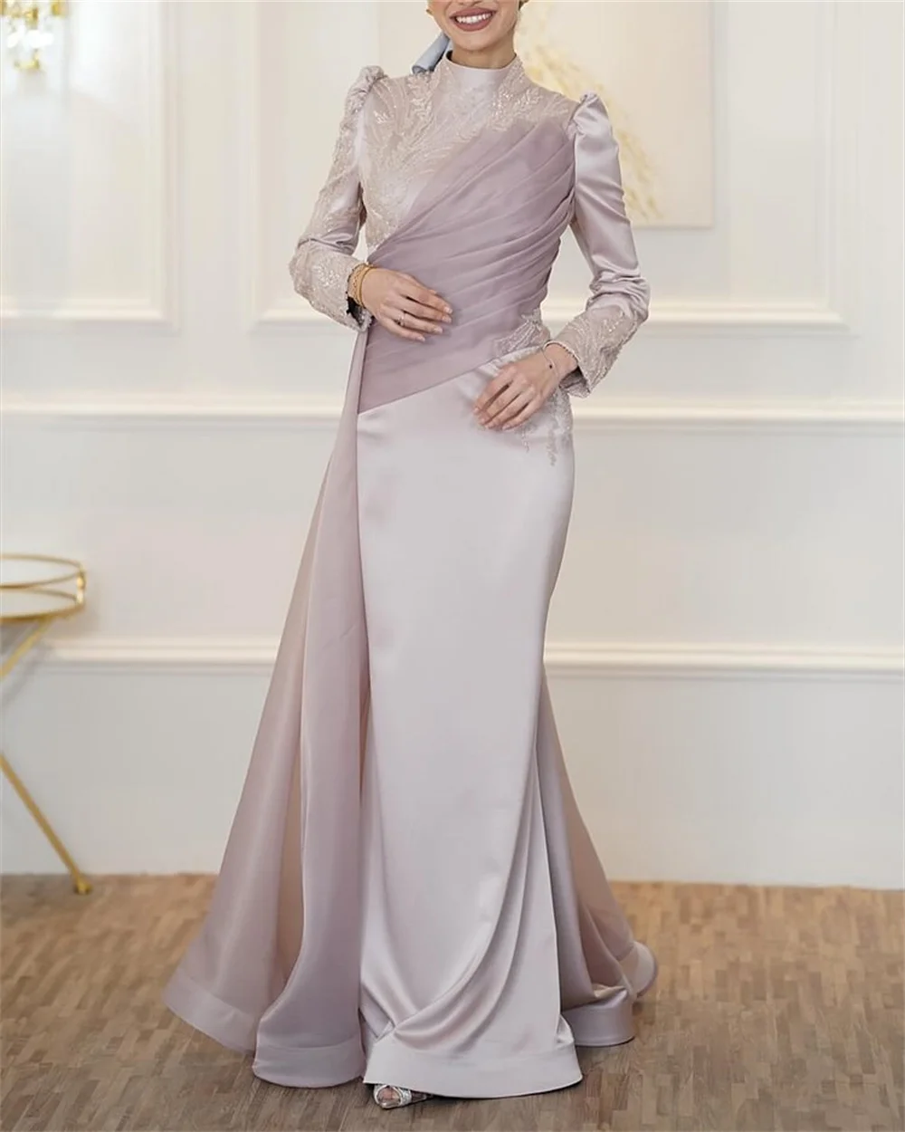 Customized Saudi Arabia Evening Dress Formal High Collar Column Floor Length Fold Layered Tulle Embroidery Bespoke Occasion Dres