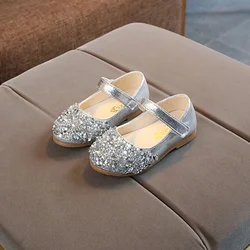 Kids Leather Shoe Luxury Sequins Versatile Wedding Shoes for Girls Fashion Soft Bottom Children Princess Single Shoes Non-slip