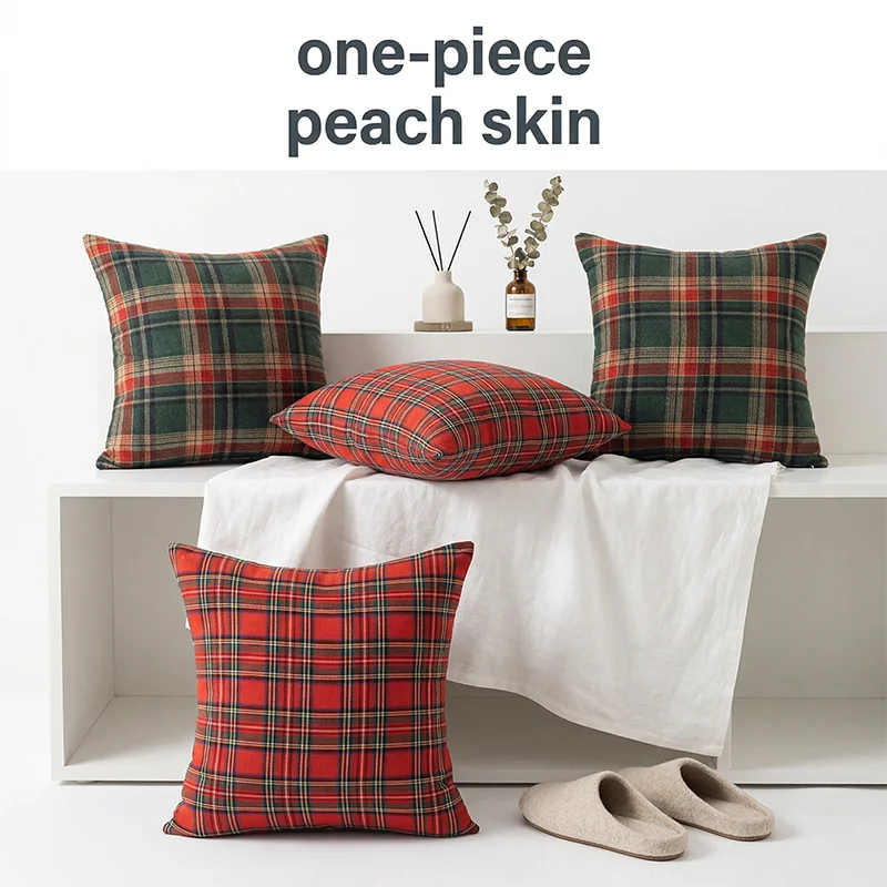 

Classic Red Green Plaid Cushion Cover Peach Skin Tartan Throw Pillowcase for Sofa Living Room Farmhouse Home Decor Pillow Case