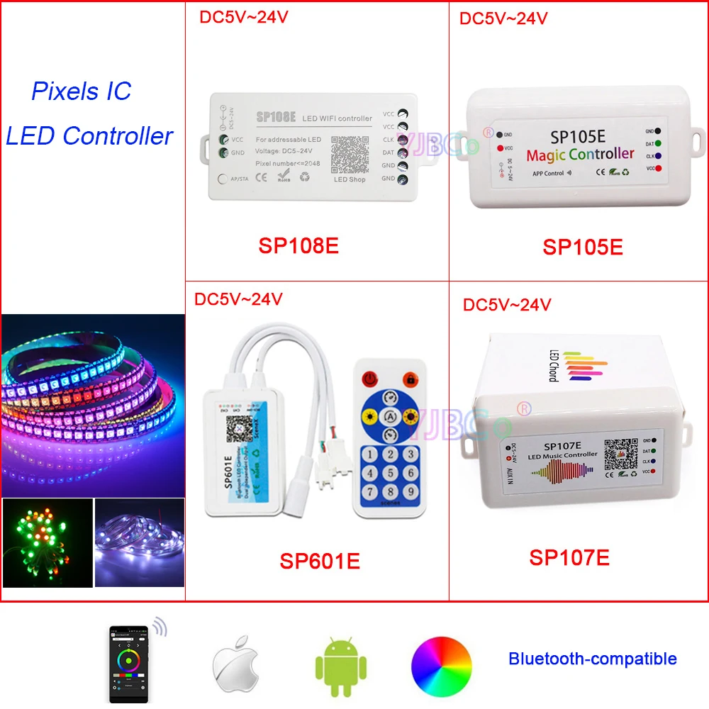 

WS2812B RGB пиксели, Bluetooth, совместимый с Wi-Fi/музыкой, фотоконтроллер, постоянный ток 5 В, 12 В, 24 В, Полноцветный Диммер для SMD 5050, RGB-лента