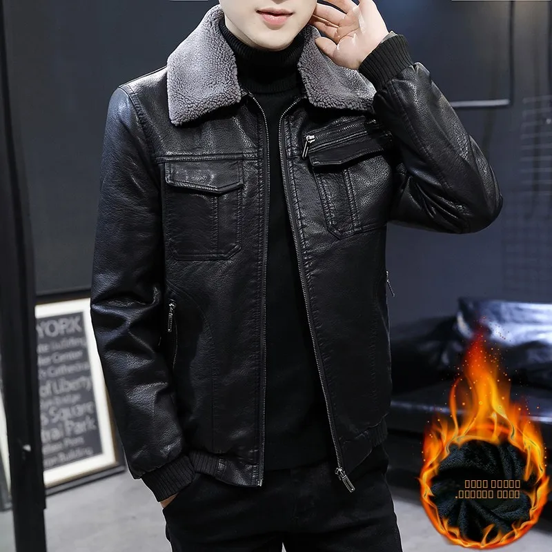 

Men's Faion Slim Fit Fce Lined Thiened Jaet Coat Spring Autumn Winter Leather Clothing Warm Busin Casual Sle