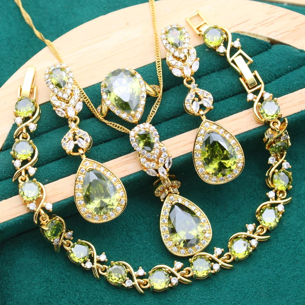 Olive Green Zircon Gold Color Jewelry Sets for Women Birthday Bracelet Long Earrings Necklace Pendant Ring Holiday Gift