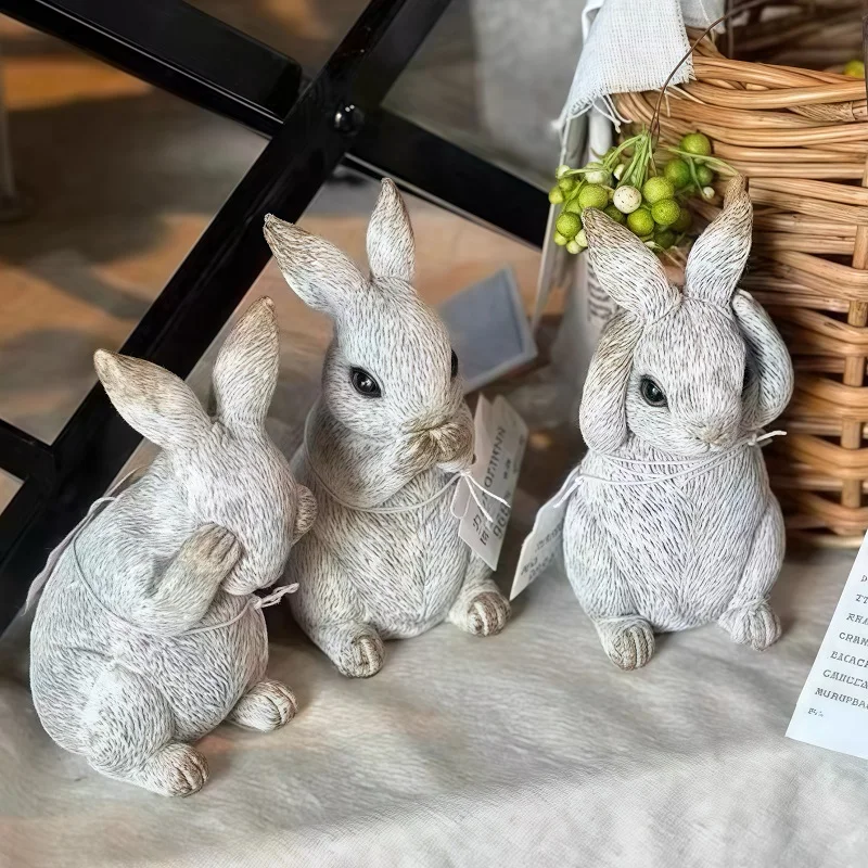 3Pcs Vintage No look No listen No talk Rabbit Ornament Home Decor Garden Easter Bunny Landscape Craft