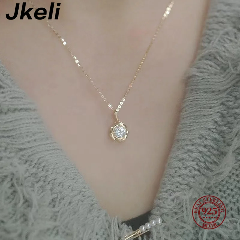 Jkeli 925 스털링 실버 도금 14k 골드 샤이니 지르콘 플라워 목걸이, 여성 소녀 한국 템퍼러먼트, 절묘한 보석 선물