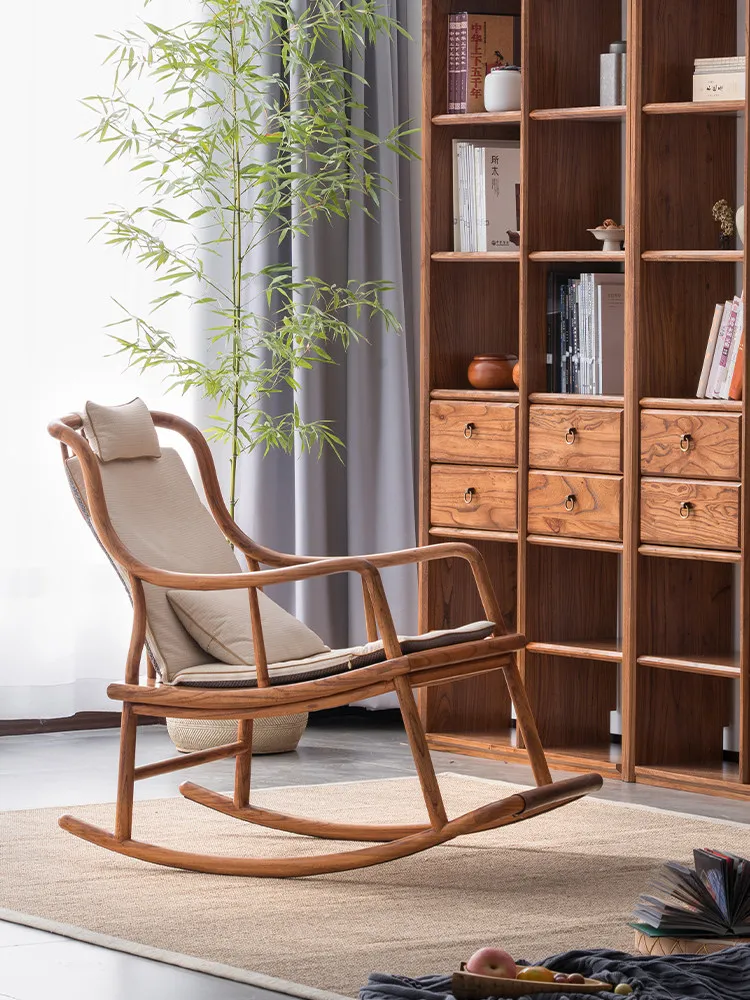New Chinese solid wood rocking chair, old elm home balcony leisure recliner