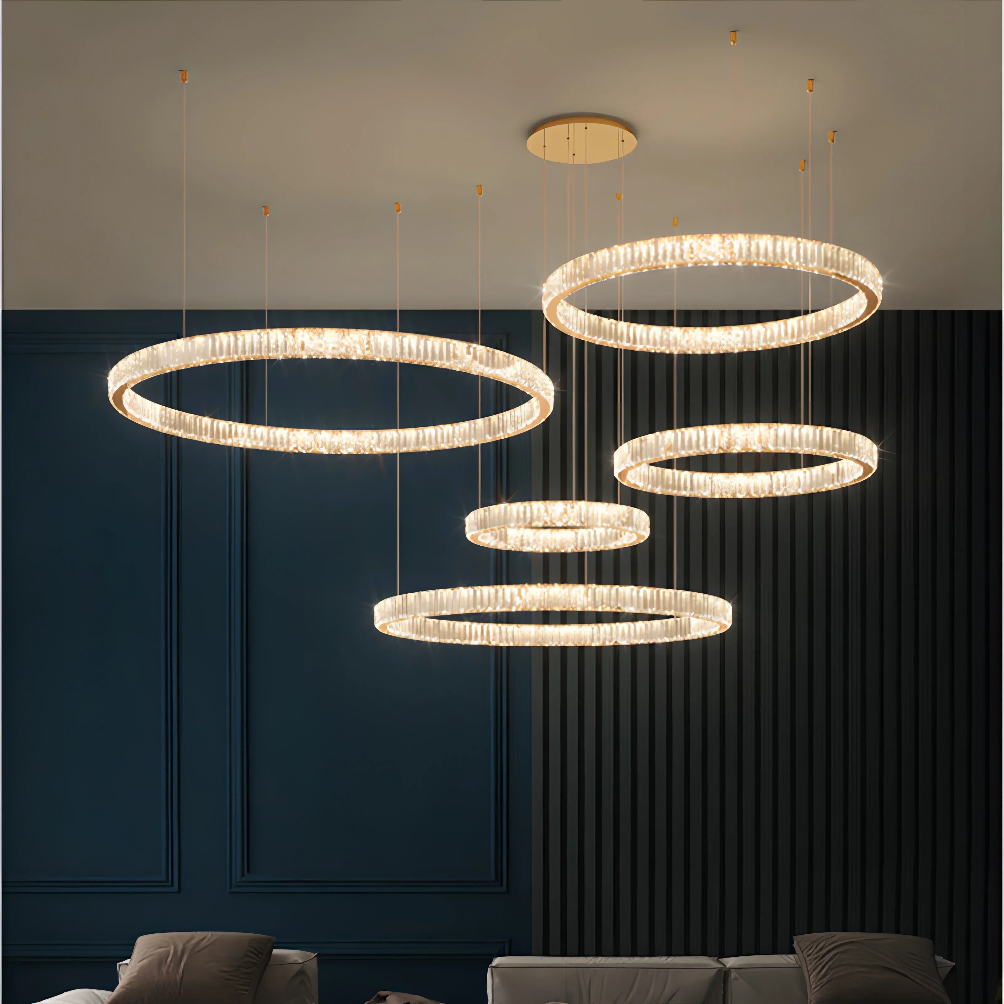 Luxury LED Chandeliers Living Room Pendant Lights Dimmable Crystal Lustre Steel Rings Art Hanging Lights Fixture Suspend Lamp