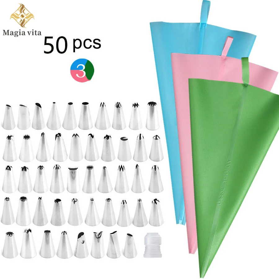 

50Pcs/Sets Silicone Icing Piping Pastry Bag Cake Nozzle Kitchen Accessories For Decorating Tools Bakery Confectionery Equipment