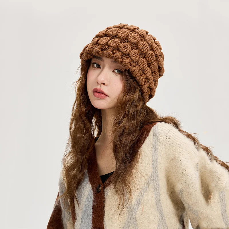 Bubble knitted woolen hat for women big head circumference warm ear protection cover head cap to show off face size