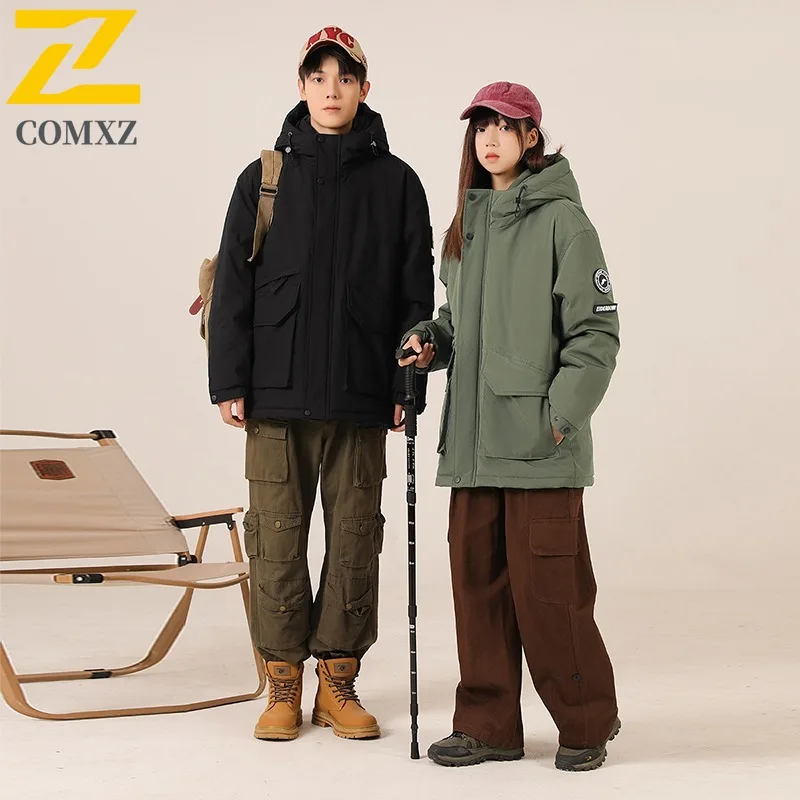COMXZ الرجال أسفل سترة 2025 الكلاسيكية مقنعين التخييم في الهواء الطلق حماية الباردة سترة السفر عادية سميكة الدافئة الخريف الشتاء معطف