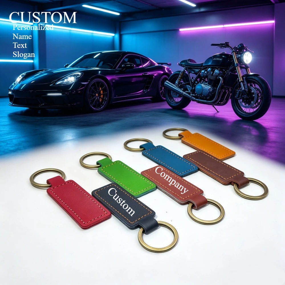 

Retro Custom Solid Color PU Leather Rectangle Car Keychain Motorcycle Bag Keyring Simple and Stylish Decorative Pendant Gift