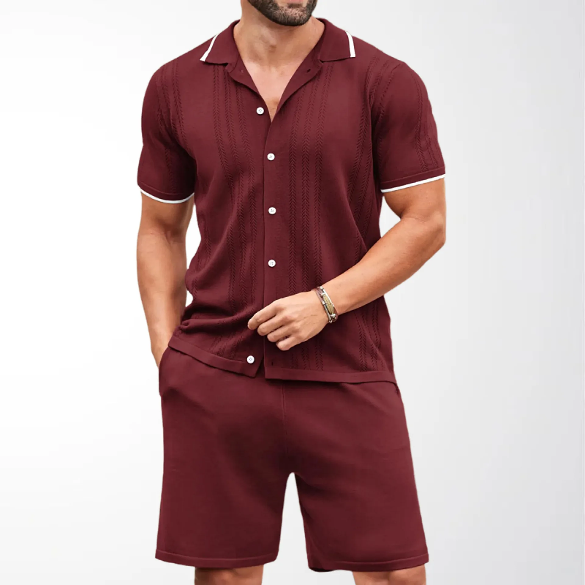 

Men's New Contrast Stitching Polo Shirt Shorts Two Piece Set Turn Down Collar Single Breasted Design Casual Versatile Daily Set