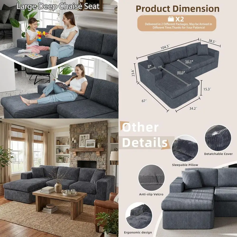 

Шезлонг-диван 105 с глубоким сиденьем из пены Cloud Foam, плюшевый вельвет, без сборки, серый, мебель для гостиной