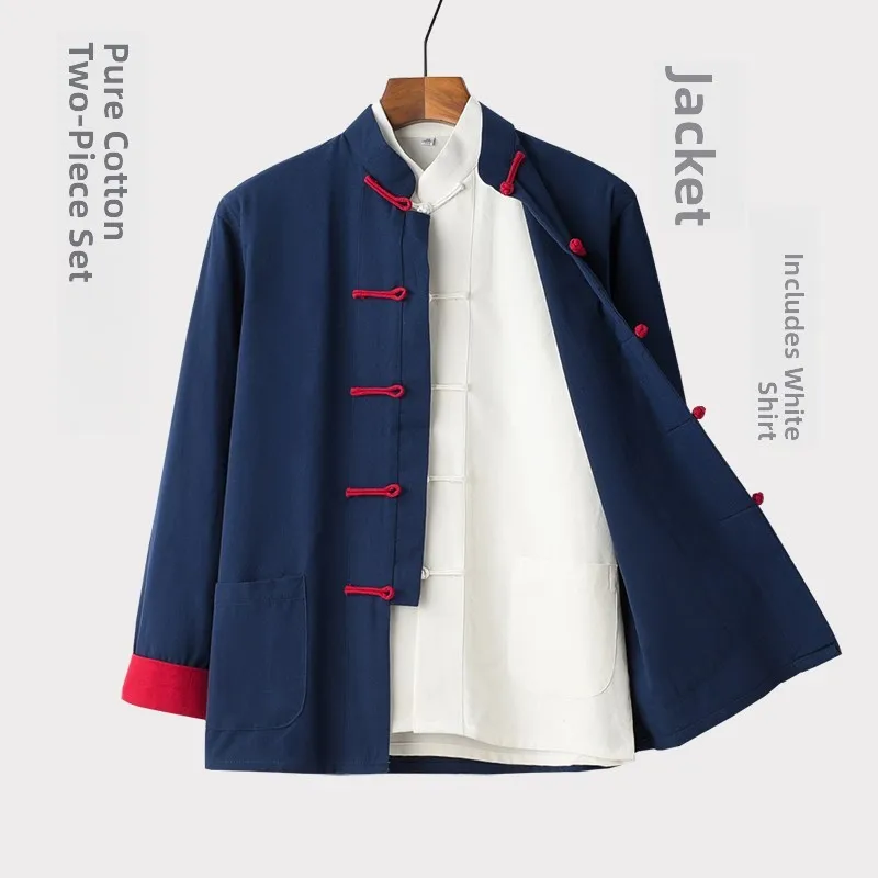 

Pure Cotton Long Sve Tai Chi Outerwear Men's Traditional Chinese Sle Two-Piece Set with Button Design for Zen Tea Ceremony