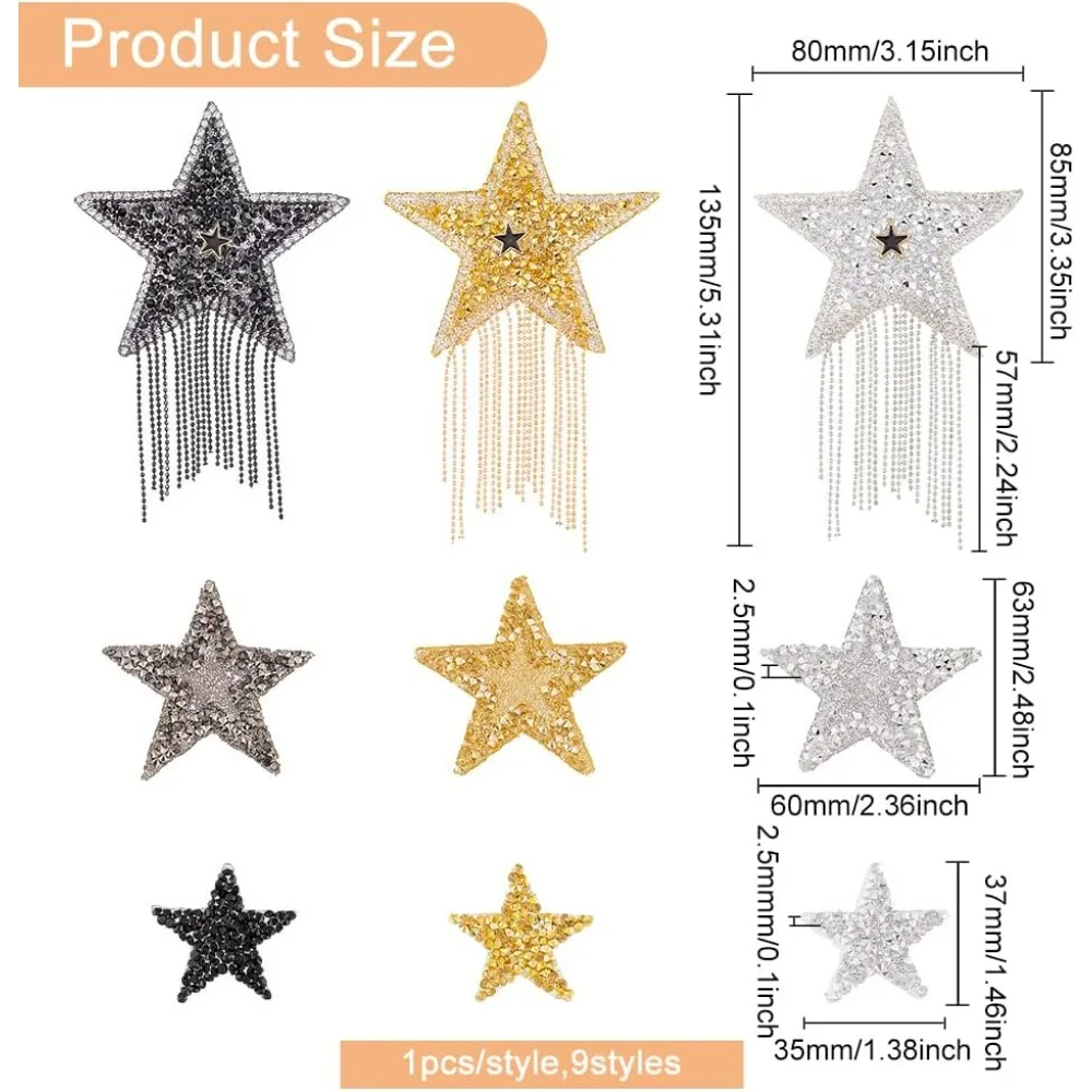 9 Styles Star Iron on Applique Patches Silver Gold Black Hotfix Rhinestone Patches Tassel Star Glitter Crystal Patches