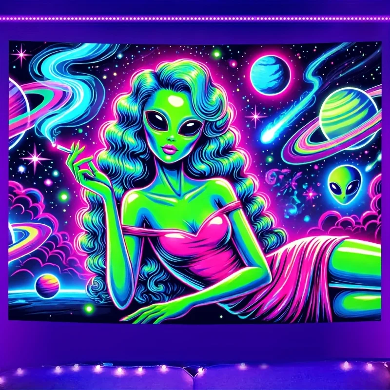 VIKAMA Cyber Alien Tapestry Girl Neon Planet Room Decoration Esports Room Sci-Fi Decorative Art Background