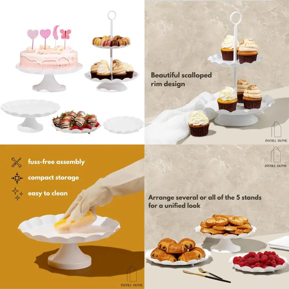 

Ruffled Metal Dessert Stand Set: 5-Piece Tiered Stands, Cupcake Holders, Serving Trays for Weddings and Birthdays