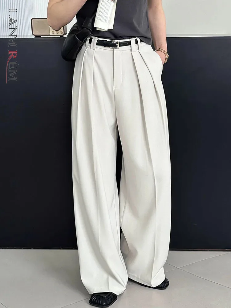 [LANMREM] Fashion Pleated Wide Leg Pant For Women High Waist Straight Loose Suits Trousers Female 2025 Spring New 26D8268