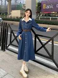 Lapel Fake Two-Piece Denim Dress Elegant Long Sleeve Single Breasted Women A-Line Maxi Dress Spring Fashion Office Lady Vestido