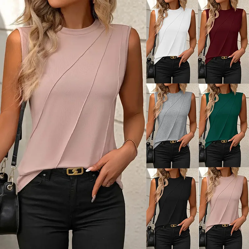 

2025 European and American Summer New Solid Color Round Neck Sleeveless Loose T-shirt Shirt Vest Women