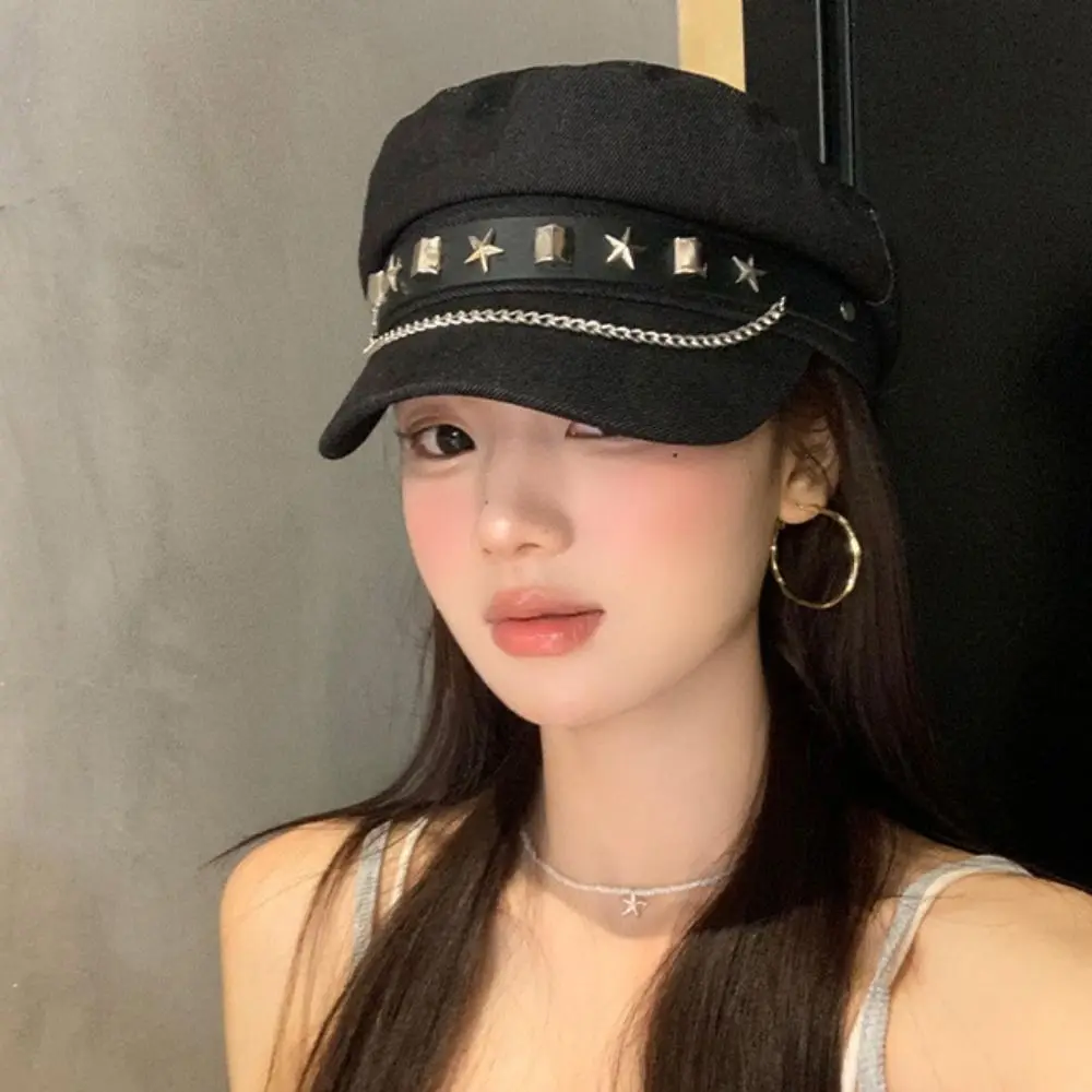 

Cloth Rivet Denim Beret British Style Newsboy Cap Denim Octagonal Hat Korean Style Cotton Retro Painter Hat Streetwear