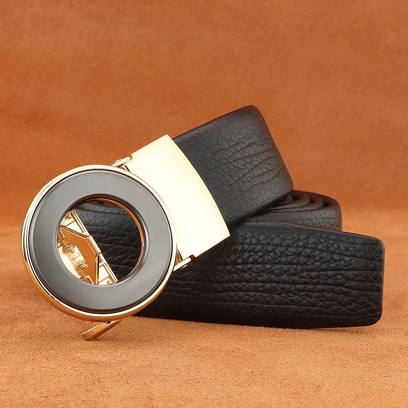 أحزمة بإبزيم أوتوماتيكي بسيط عالي الجودة للرجال، حزام خصر فاخر من الجلد المحبب بالكامل، حزام خصر رسمي أسود #3