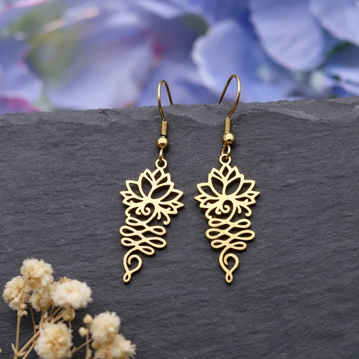 QIAMNI Stainless Steel Lotus Flower Drop Earrings Unalome Yoga Amulet Dangle Earring Christmas Spiritual Jewelry Birthday Gift
