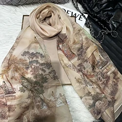 China Style Khaki Long Silk Scarf Shawl Fashion Female Elegant 100% Mulberry Silk Scarf Summer Silk Chiffon Beach Scarf Wraps