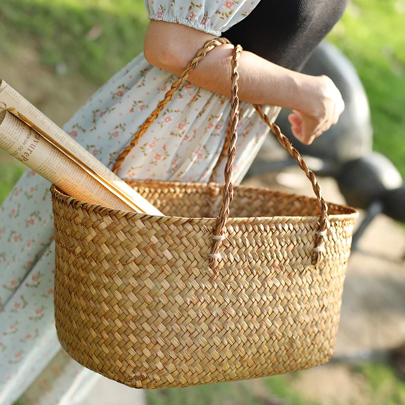 

Natural Grass Handwoven Tote Bag, Creative Home Grocery Basket, Country Picnic Basket, Large Handmade Pet Carrier Basket