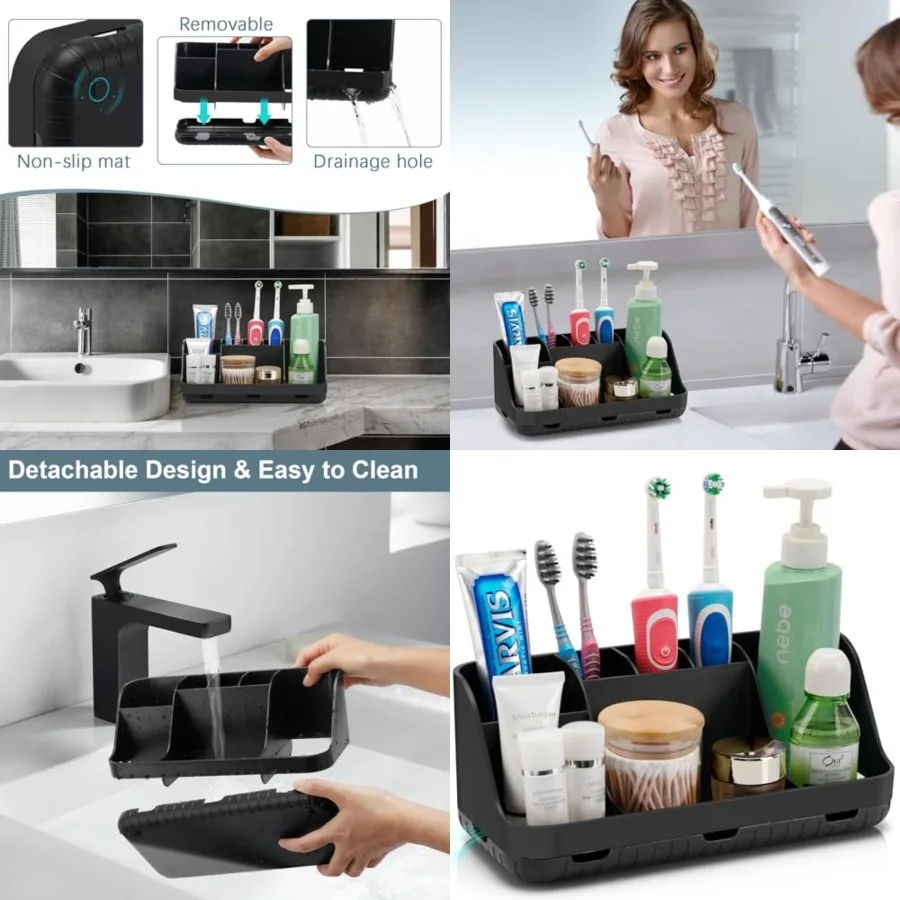 

Toothbrush Holder - 7 Slots Bathroom Organizer Countertop with Drainage Matte Electric Toothbrush and Toothpaste Holder for Bat