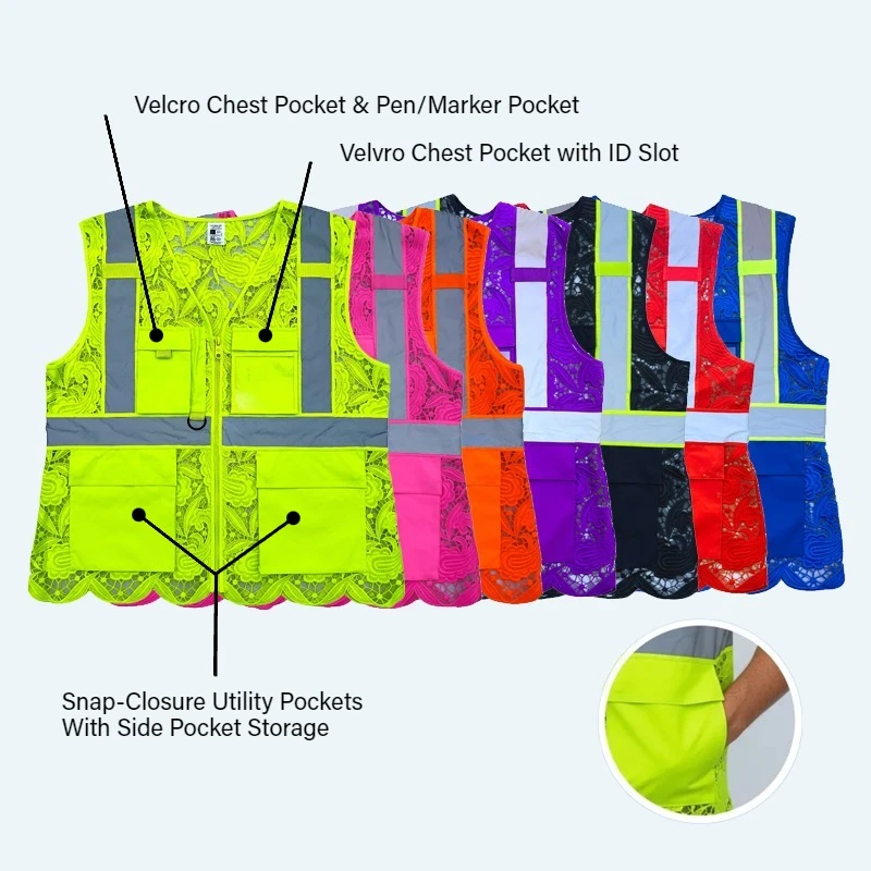 Y2K Pocket Lace Safety Vest Four Utility Snap Pocket Lace Mesh Reflective Tape Zipper Vest Jacket High Visibility Unisex Clothes