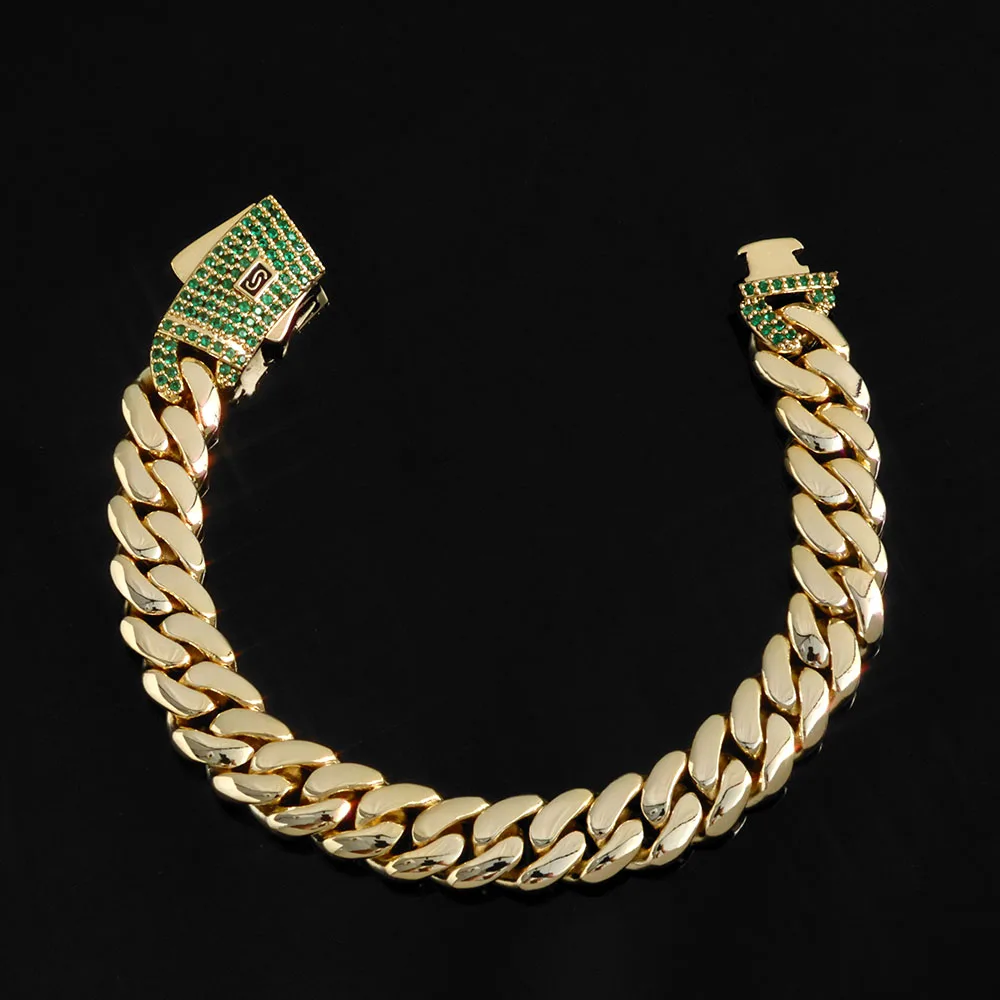 

HHIOK индивидуальная 12/15 мм зеленая цирконовая пряжка кубинская цепочка 14 К позолоченный ледяной сверкающий браслет в стиле хип-хоп в стиле Майами ювелирный браслет
