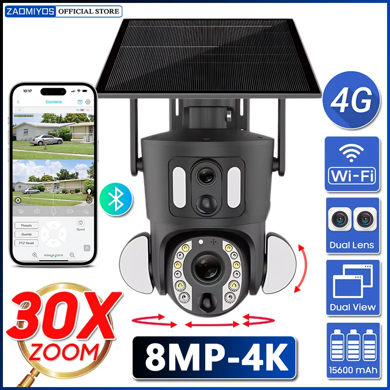 4K 30X Optical Zoom Dual Screen Security พลังงานแสงอาทิตย์กล้อง 8MP 4G Sim/WiFi PTZ Dual PIR Detection Humanoid การติดตามอัตโนมัติกล้องวงจรปิด IP Cam