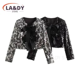 Sequin Cardigan Women 2024 Spring Autumn Fashion Round Neck Bow Solid Color Casual Long Sleeve Party Tops Female